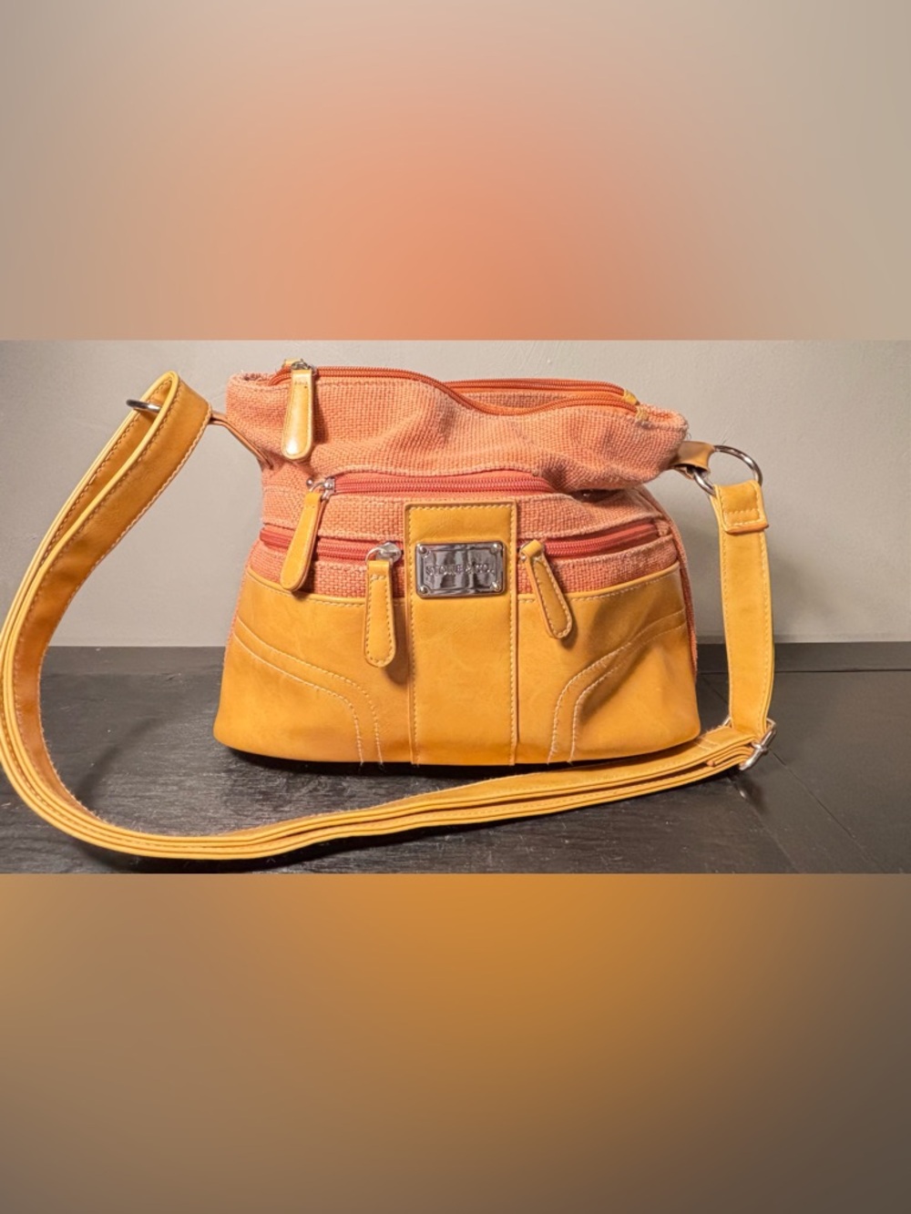 Stone & Co. Sunset Orange Canvas & Tan Leather Multi-Pocket Crossbody Bag